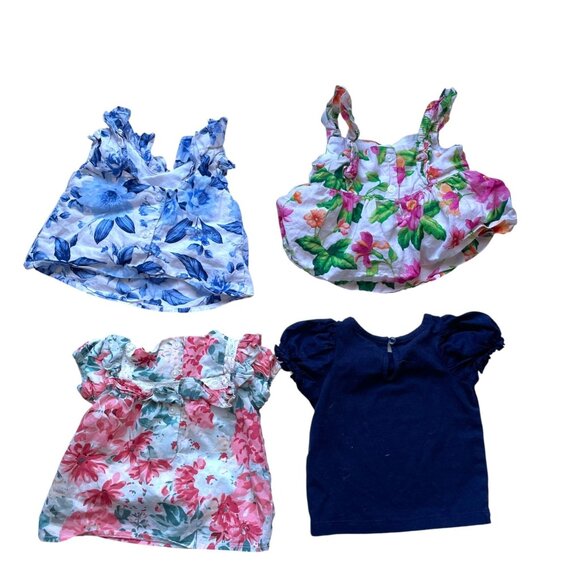 Janie & Jack 4-Piece Baby Girl Summer Clothes Bundle: Floral Tops & Navy Tee - Picture 2 of 14